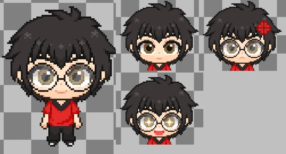 Vista previa del avatar de Wewin: chibi en pixel art con lentes y playera roja, con sus caritas disponibles